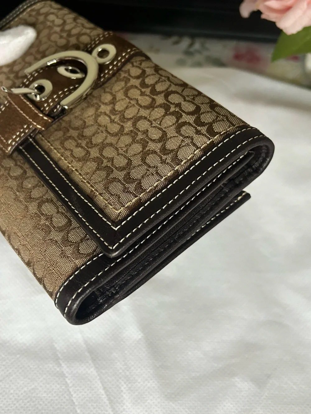 Coach Brown Monogram Wallet/ Clutch with Buckle Snap Accent
